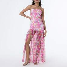 Women's Tube Top Dress Slim Strapless Backless Mesh Patchwork Tropical Leopard Print High Slit Long Dress for Party Club Night - Rosa - Ver 2
