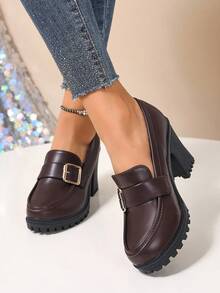 Giày lười nữ đế dày, cao gót, kiểu Anh, trang trí kim loại, kiểu dáng slip-on, đế dày chống trượt, thích hợp cho công sở và thường ngày. - màu nâu - Xem 3