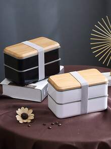 1pc Double Layer Lunch Box, Wooden Grain Bento Box, Suitable For Office Workers, Large Capacity, Microwave , Food Storage Container, Lunch Box, Exquisite Food Vessel, Great Gift For Friends And Family - Multicolor - View 4