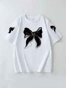 Butterfly Print T-Shirt, Short Sleeve Round Neck Casual Top, Women Spring/Summer - White - View 3