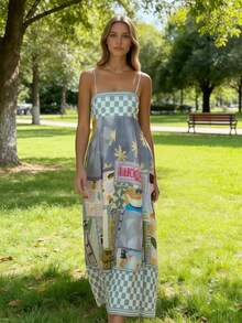 Women's Printed Camisole Dress With Thin Straps And Open Back - 灰色 - 查看 2