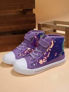 SUNCOM Comfortable & Non-Slip Kids Sneakers – High Top Glitter Canvas Shoes For Boys & Girls, Breathable & Versatile Hook & Loop Design - 紫色亮片 - 查看 4