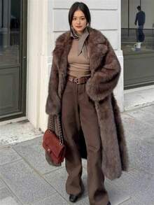 Winter New Lazy Wind Fox Fur Coat Imitation Fur Brown Long Street Women's Coat - 棕色 - 查看 1