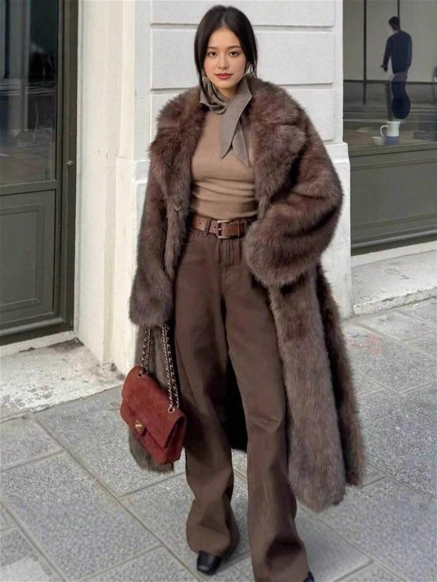 Winter New Lazy Wind Fox Fur Coat Imitation Fur Brown Long Street Women's Coat - 棕色 - 查看 1