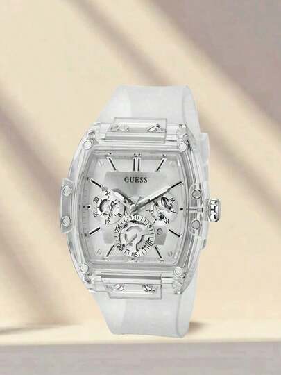 Guess Reloj de cuarzo multifunción para hombres Phoenix GW0203G1, correa de PU transparente, esfera con forma de barril, reloj de pulsera casual, adecuado para el estilo de vida diario y el uso deportivo, regalo de moda para hombres, regalo de Navidad ideal para el novio