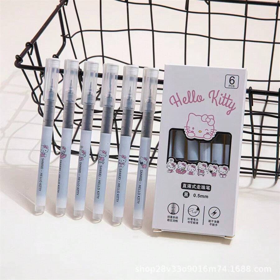 Sanrio 【正版】6支装三丽鸥Hello Kitty卡通直筒速干圆珠笔，可爱针管盒装，0.5毫米学生高性价比考试毛笔，办公学习用品