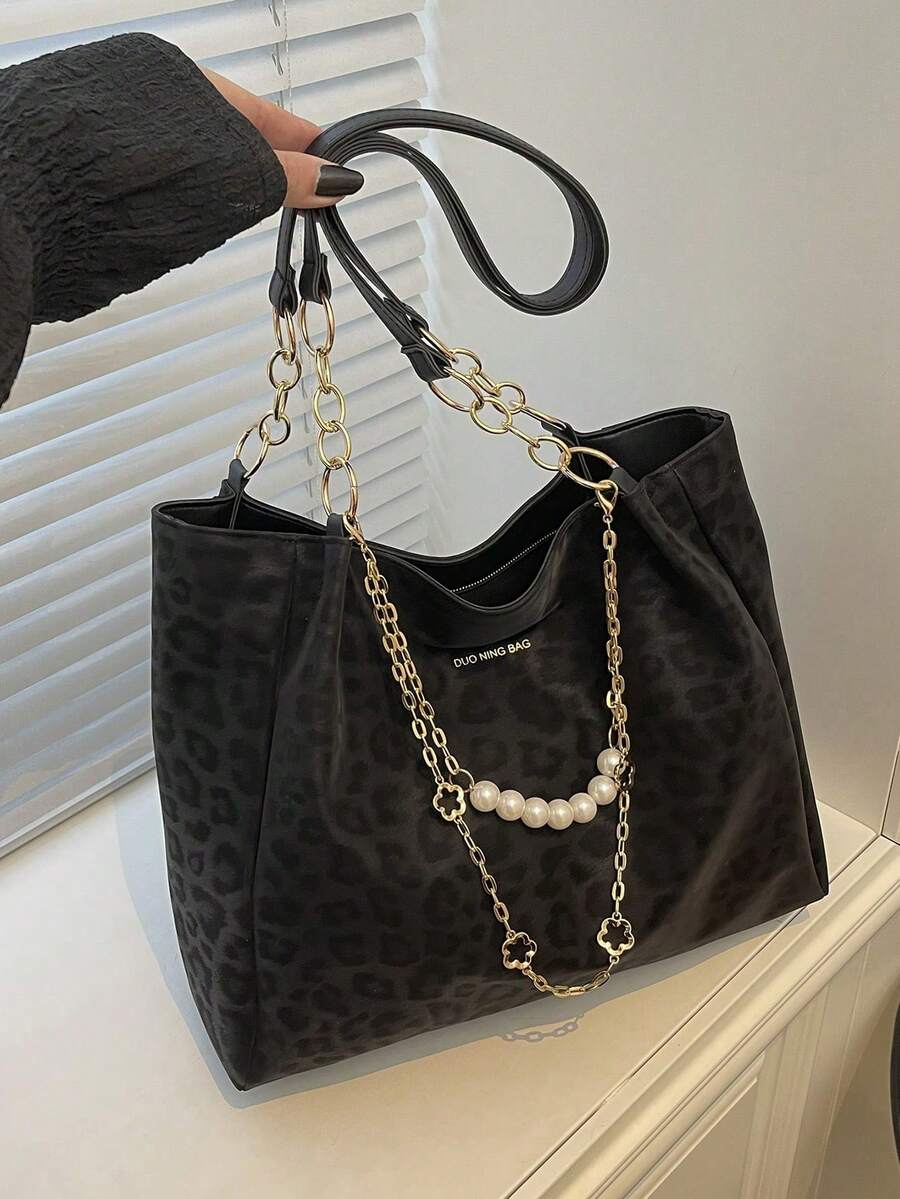 Bolso de mano a rayas de moda para mujer, bolso de hombro de gran capacidad, bolso con cremallera y cadena de metal para uso diario - Negro - Ver 1