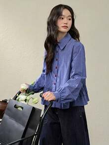 Plaid Ruffle Trim Long Sleeve Blouse Tops, Spring New Arrival - Blue - View 3