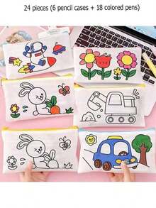 18/8 piezas Estuche de lápices de tela no tejida con diseño de dibujos animados creativos, bolsa de lápices de pintura de graffiti DIY para estudiantes, pequeño regalo de recompensa para niños estudiantes - Multicolor - Ver 15
