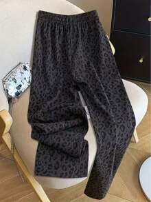 春夏新款豹纹撞色宽松休闲阔腿裤，美式高腰直筒侧条纹运动裤，慵懒风舞蹈运动裤度假装 - 灰豹紋 - 查看 3