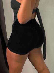 Women's Stretchy Mid-Rise Distressed Slim-Fit Denim Shorts - Functional Pockets Slimming Comfort Daily Casual Edgy Shorts - Black - View 4