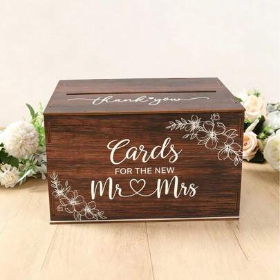 1 Set Caja de tarjetas de boda de madera, diseño de tarjetas Sr. y Sra., caja de almacenamiento de tarjetas de boda multifuncional para la novia, adecuada para decoración de fiesta de boda, aniversario, despedida de soltera, regalo de cumpleaños de verano, tema de playa, útiles escolares, decoración de habitación