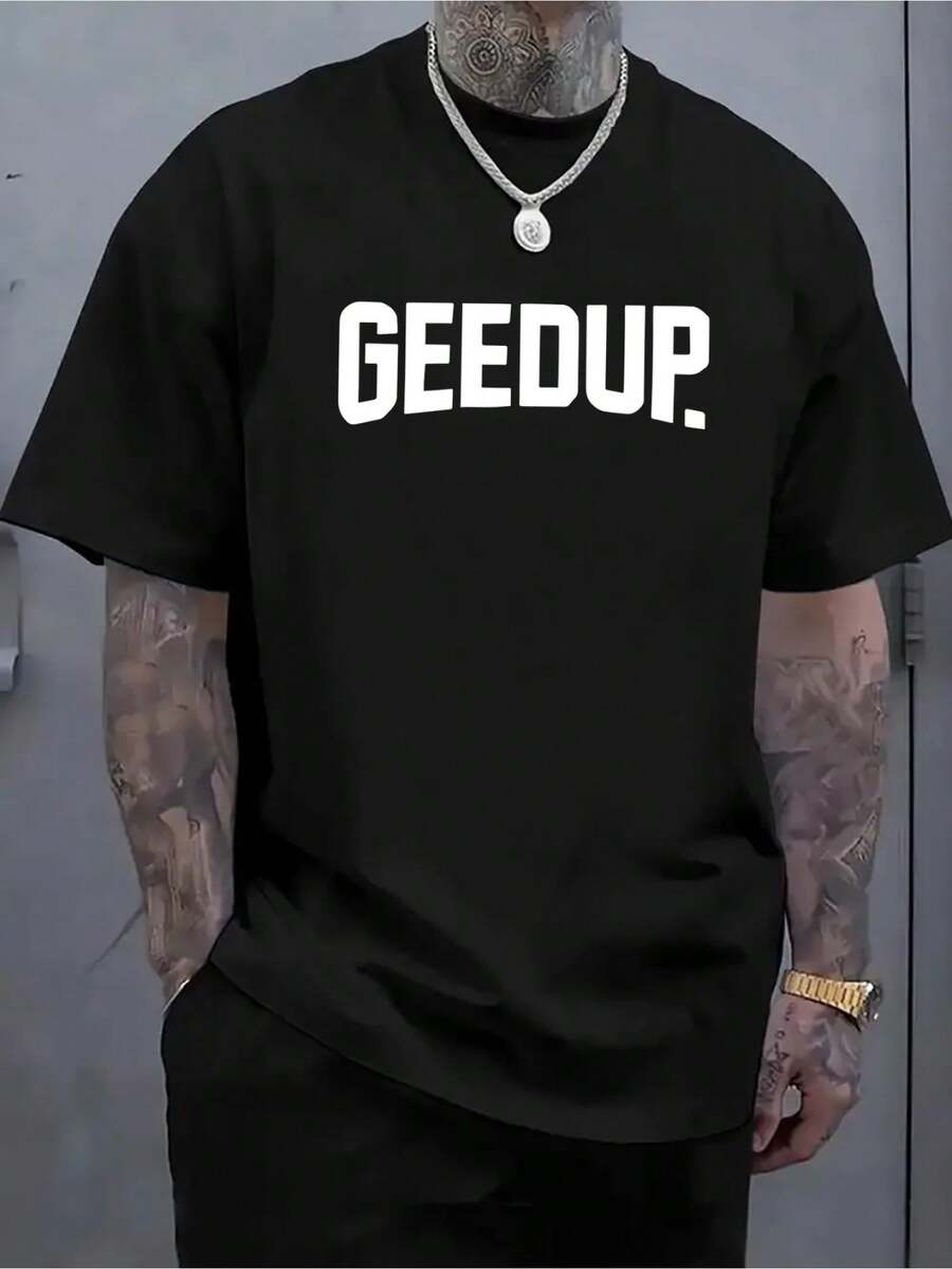 Men T-ShirtSized Men Fashionable Casual Short-Sleeved Shirt Printed With The GEEDUP Pattern Soft And Breathable Suitable For Daily And Outdoor Sports Wear Casual Wear For Tall And Lanky Individuals Suitable For Running Fitness Gatherings Vacations And Sleeping - 黑色 - 查看 1