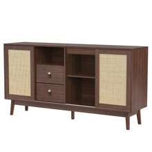 Aparador con 3 puertas correderas en ratán auténtico y 2 cajones, 155 x 38 x 80 cm, transpirable, estable y versátil. - Marrón - Ver 7