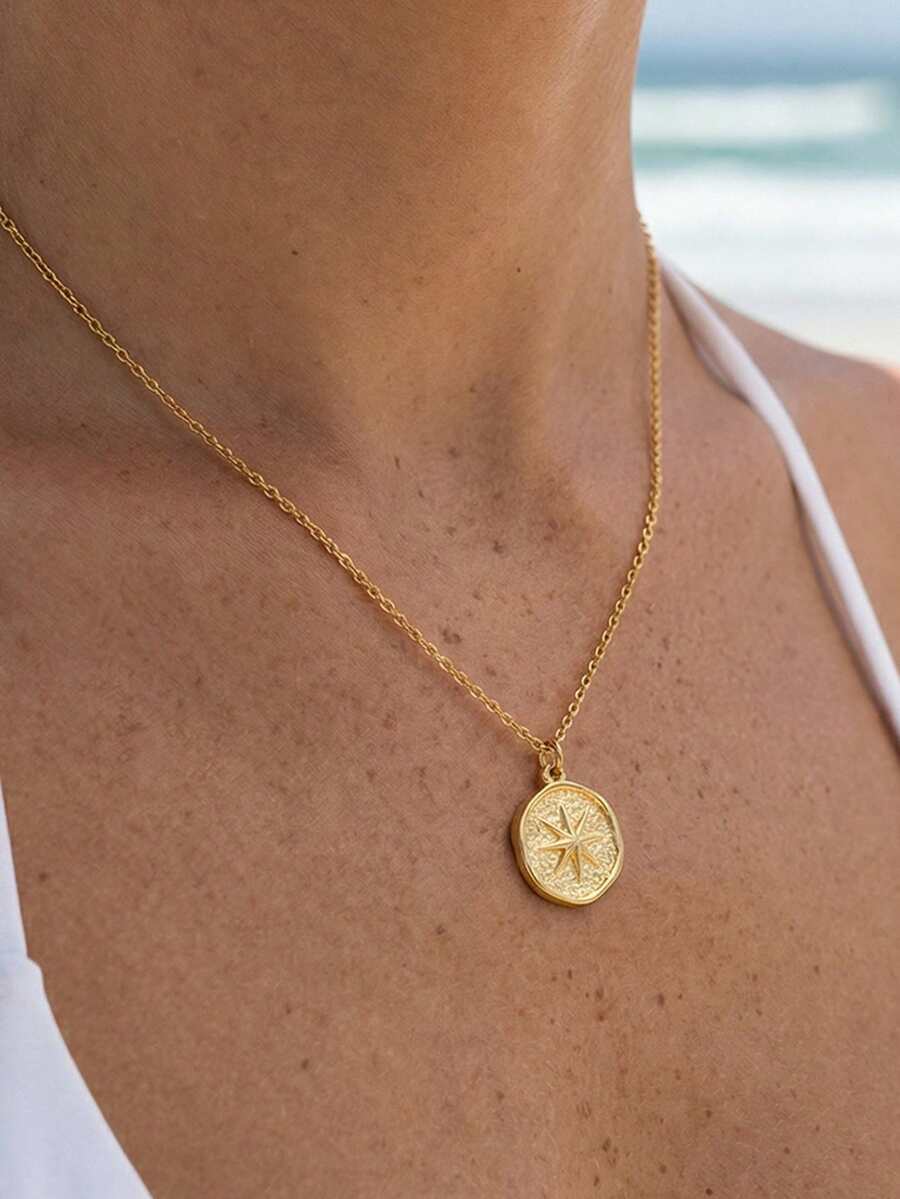 1件极简主义北极星项链，八角星吊坠，不对称圆形饰物，不锈钢链，适合女性日常佩戴 - Necklace - 查看 1