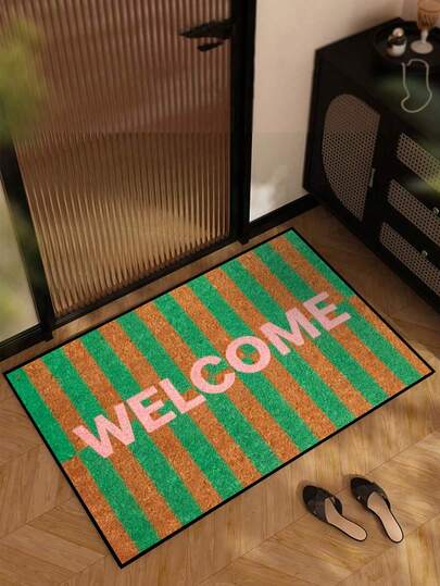 1pc Interesting Brown & Green Striped Welcome Doormat, Minimalist Short Plush Quick-Dry Non-Slip Washable Entrance Mat, Home Decor, Suitable For Kitchen, Bathroom, Dining Room, Entryway, Party, New Year, All Seasons, Patio Decoration
