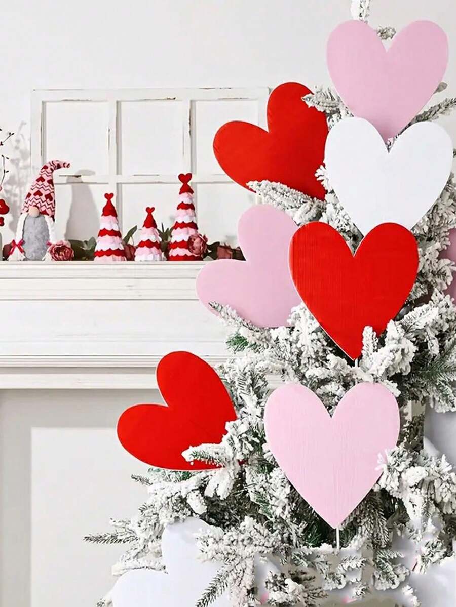 8个2D平面情人节树饰，8个大号红色、粉色和白色心形情人节树饰，适合户外庭院装饰和室内氛围装饰，尺寸20*20厘米，塑料材质，非常适合情人节、家居装饰、婚礼和办公室装饰。 - 彩色 - 查看 1