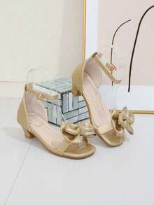 1双女童夏季高跟凉鞋，双层水钻蝴蝶结，梦幻公主鞋，方头设计，适合派对、聚会、学校演出等场合 - 金色 - 查看 4