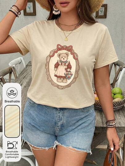 大码女式日常复古小熊图案圆领短袖休闲夏季女式上衣，椭圆形相框带蝴蝶结装饰，适用于泰迪熊图案女式杏色T恤