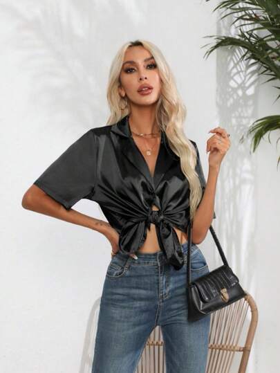 Satin Short Sleeve Shirt, Lapel V-Neck Single-Breasted Top Black Summer