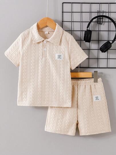 2件套男童休闲条纹提花Polo衫和短裤套装，适合夏季日常休闲外出穿着