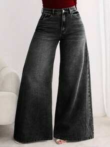 Pantalones Palazzo de Mezclilla de Cintura Alta para Mujer: Vaqueros Anchos para Estilos Casuales y Elegantes Bolsillos delanteros de botones femeninos ocio relajado retro lavado pantalones de piernas anchas para cubrir la carne delgada pantalones de campana nuevos y de moda,pantalon de mezclilla dama,san valentín ropa,pantalones de mujer,Lavado de agua negro retro - Negro - Ver 8