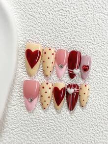 10pcs Macaron Nail Stickers, French Manicure, Decorated With Red Polka Dots And Hand-Painted Red Hearts, Shiny Rhinestone Hearts, Small White Hearts Nail Art Decor. Includes Nail Tools, 3 Shapes: Almond, Duck Mouth, And Coffin, Suitable For Parties, Daily Wear, Photography, Valentine's Day, Gatherings, An Excellent Gift For Girls And Women. Nails Handmade Press On Nails - Nhiều màu - Xem 17