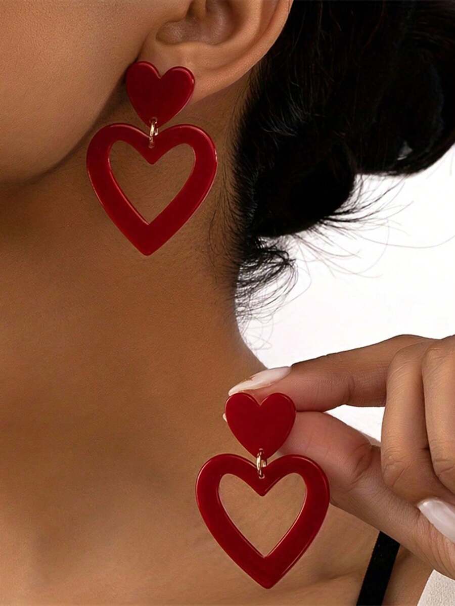 1 Pair Fashionable & Elegant Acrylic Heart Shaped Earrings, Gift For Women, Valentine's Day