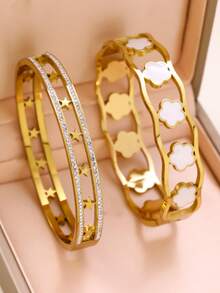 VJS 半件套花朵星形设计手链，优雅女士饰品，镂空304不锈钢镀18K金，百搭日常佩戴及礼品 - 金色 - 查看 2