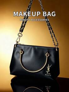 1pc Black Leather Shoulder Chain Bag, Glossy Leather Crossbody Bag, Women Handbag - Black - View 3