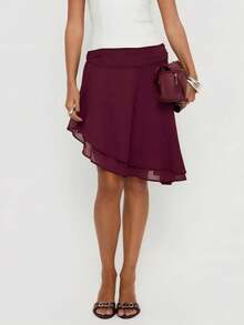 Elegant Casual Solid Color Chiffon Asymmetric/Asymmetrical Layered Skirt, Beach Resort Wear, Spring/Summer - Red Violet - View 6