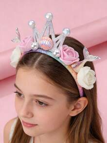 تاج بتصميم ذيل السمكة المزين بالزهور والبريق بألوان نمط الباستيل، مرصع بالراين ستون والفراشات - إكسسوار شعر خفيف الوزن للمراهقات 15+ للاستخدام اليومي والحفلات وجلسات التصوير - متعدد الألوان - مشاهدة 1