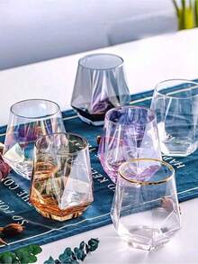 1/5件套 300毫升创意六边形钻石葡萄酒杯套装，无柄红酒杯，几何透明白葡萄酒杯，鸡尾酒杯，波本威士忌杯，威士忌杯，生日派对玻璃器皿 - 彩色 - 查看 7