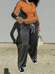 2pcs Women's Fashion Cropped Hoodie Top And Flare Pants Set, With Zipper And Drawstring Details - Brown - View 4