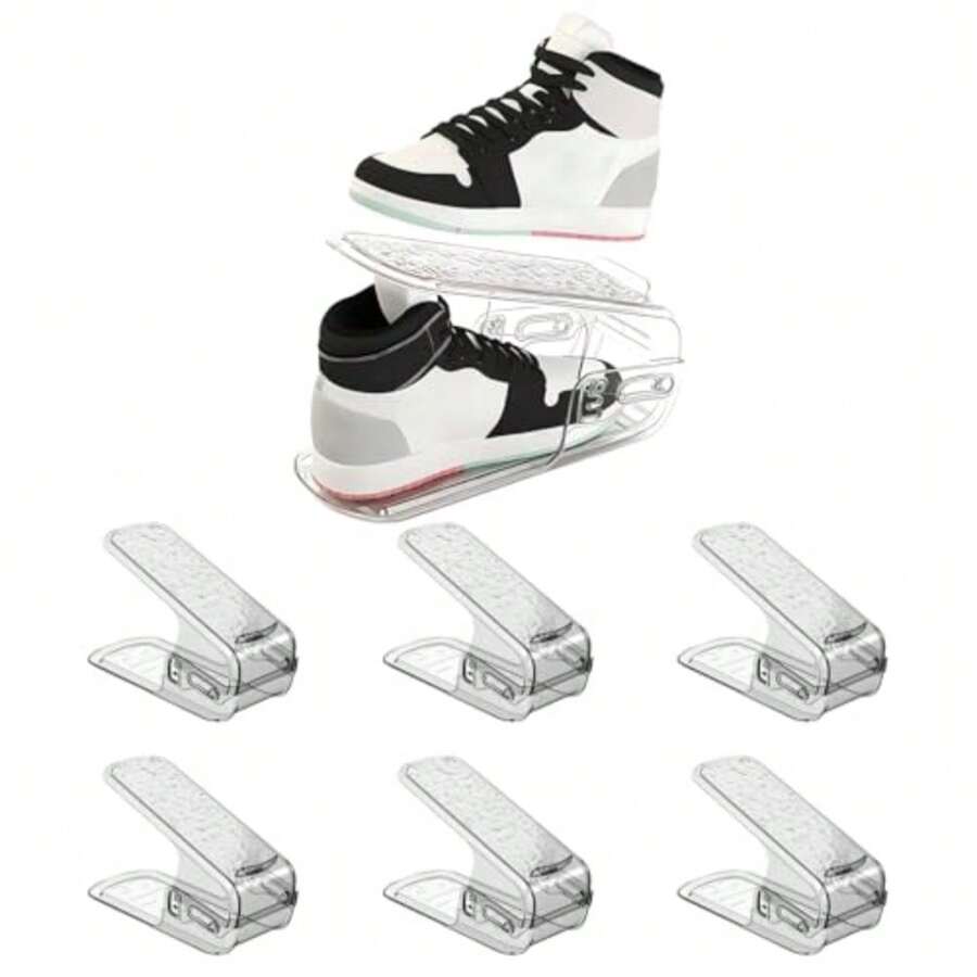 CYPNOrganizador de Zapatos Apilable6 Piezas ranuras ajustables para zapatos apilador de zapatos de doble capa Con textura antideslizante organizador para ahorro de espacio para estantes del ArmarioFashion - Transparente - Ver 1