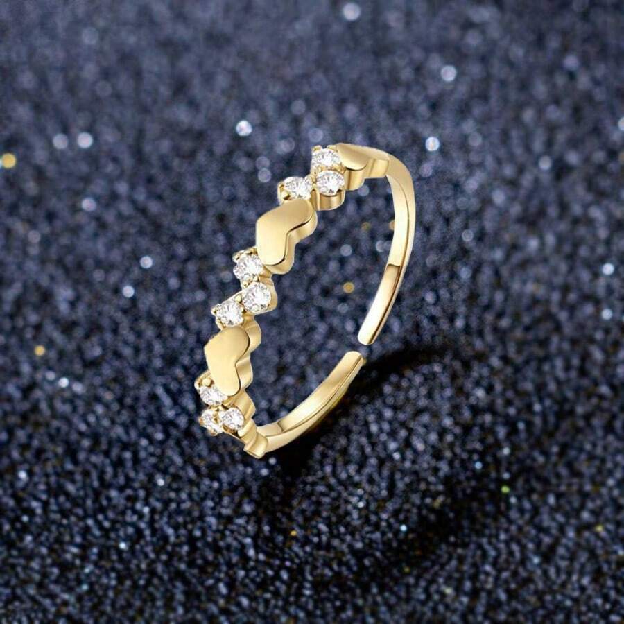 1pc Heart-Shaped Micro-Inlaid Simple Heart Ring, Valentine's Day Gift For Women - Gold - View 1