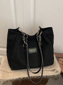 时尚条纹手提包 - 女士大容量单肩包 - 拉链托特包，日常使用 - 简约链条单肩托特包，适合青少年女孩、大学生、职场新人及白领，完美适用于办公室、工作、商务、通勤等场合，是女士最佳工作包之选。 - 黑色 - 查看 12