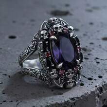 哥特复古独特女士时尚蝙蝠骷髅头合成红紫色锆石戒指 - 日常嘻哈朋克女士戒指，街头女士休闲珠宝配饰