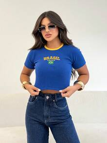 Women's Ribbed Cropped Top/Blouse, BrazilCore Style, World Cup 2026 - 藍色 - 查看 3