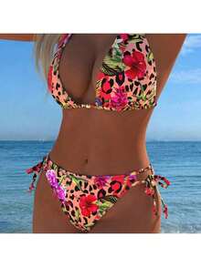 性感露背深V侧系带豹纹热带花卉比基尼套装 - 彩色 - 查看 5