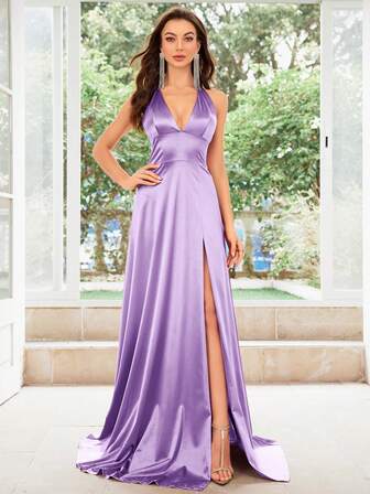 MUXXN 1950年代复古V领露背缎面鸡尾酒会舞会礼服