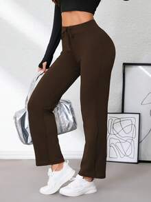 女士高腰直筒瑜伽裤，收腹提臀，抽绳设计，弹力舒适，适合健身房、跑步、旅行和户外健身活动，春季款 - 棕色 - 查看 6