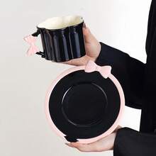 1 Set French Hand-Painted Bow Coffee Cup & Saucer Set, 3D Embossed Underglaze Ceramic, Suitable For Coffee, Afternoon Tea, Snacks, Daily Use, Home, Office, Gifts, Holidays - Multicolor - View 8