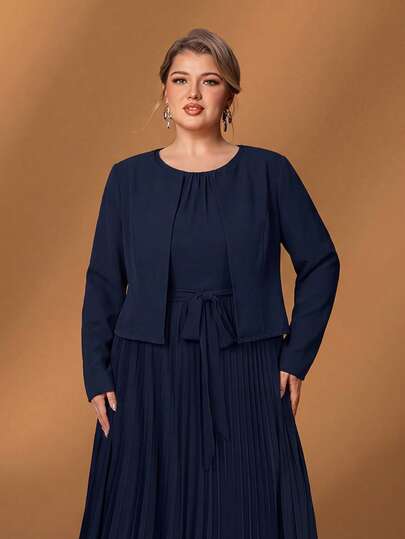 Faeriesty 大码女士优雅藏蓝色两件套正式礼服套装 - 短袖开衫、无袖系腰连衣裙、及地百褶裙 | 适合派对、婚礼宾客、正式聚会、盛大晚宴
