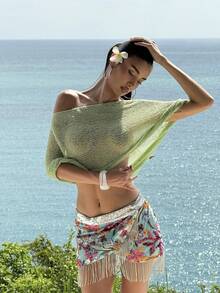 Women's Summer Beach Sexy Asymmetrical Cover Up Shawl Cover Up Loose Knit Hollow Out Cover Up, Vacation - Green - View 3