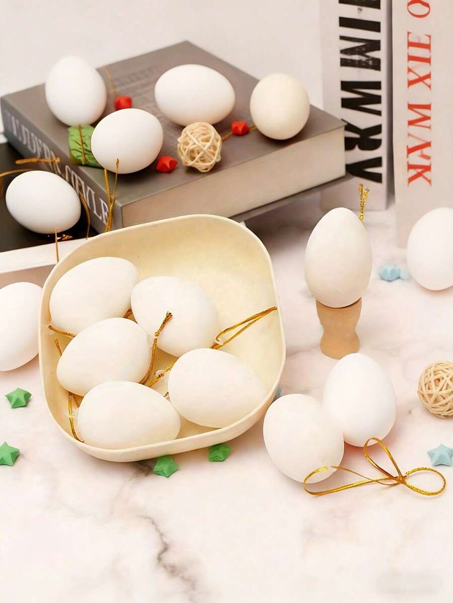 24 quả trứng Phục Sinh màu trắng tự làm để tô vẽ và trang trí, đồ trang trí Phục Sinh bằng nhựa có dây treo dùng để trang trí nhà cửa, tiệc tùng, quà tặng thủ công mỹ nghệ. - Nhiều màu - Xem 1