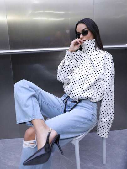 Chaqueta corta con cremallera para mujer en otoño, abrigo de manga larga con estilo de moda, chaqueta corta, ropa de otoño/invierno, chaqueta de lunares, estilo universitario de cuello alto, abrigo francés de media estación con estilo callejero