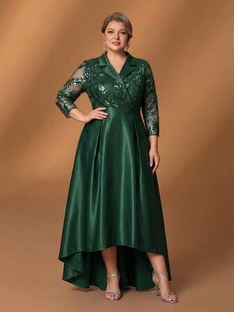 Faeriesty Elegant smaragdgrön formell klänning i plusstorlek för kvinnor - Kavajkrage, 3/4-dels transparent spets med paljettdekoration, satinklänning med hög och låg utsvängd kjol | Lämplig för fester, bröllopsgäster, formella middagar, lyxevenemang
