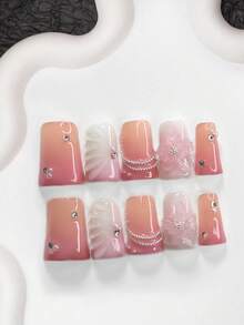 10片/套浪漫秋冬美甲贴纸，亚克力美甲套装，手绘五瓣渐变实心雕塑花朵，闪亮银色实心迷你圆形水钻美甲装饰，银色金属珠链，实心水波纹图案浅粉色贝壳美甲贴纸，甜美法式，白色指甲油美甲用品手工按压式美甲 - 彩色 - 查看 17