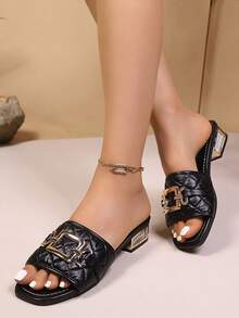 Women's Black Quilted Slide Sandals, Gold Metal Buckle Decor, Low Block Heel Flat, Luxurious Charming Elegant Chic, Suitable For Valentine's Day, Summer Party, Vacation, Date Night, Comfortable & - Black - View 6